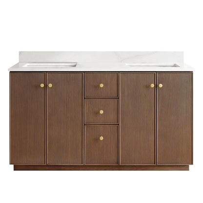 Vinnova Oza 60-inch free-standing double bathroom vanity in aged dark brown oak with Fish Maw white quartz stone top