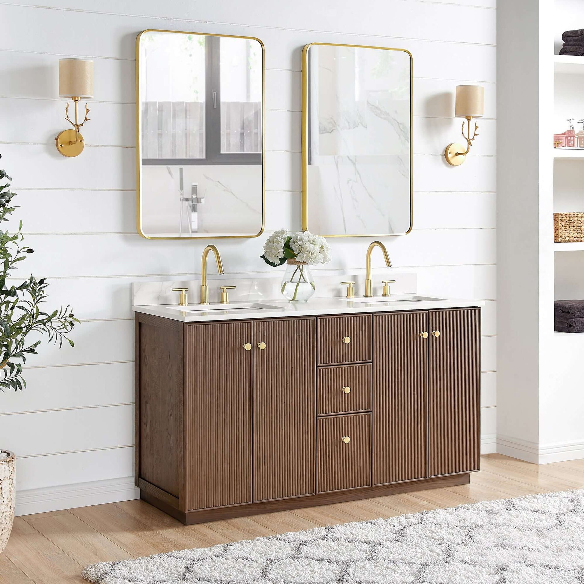 Vinnova Oza 60-inch free-standing double bathroom vanity in aged dark brown oak with Fish Maw white quartz stone top