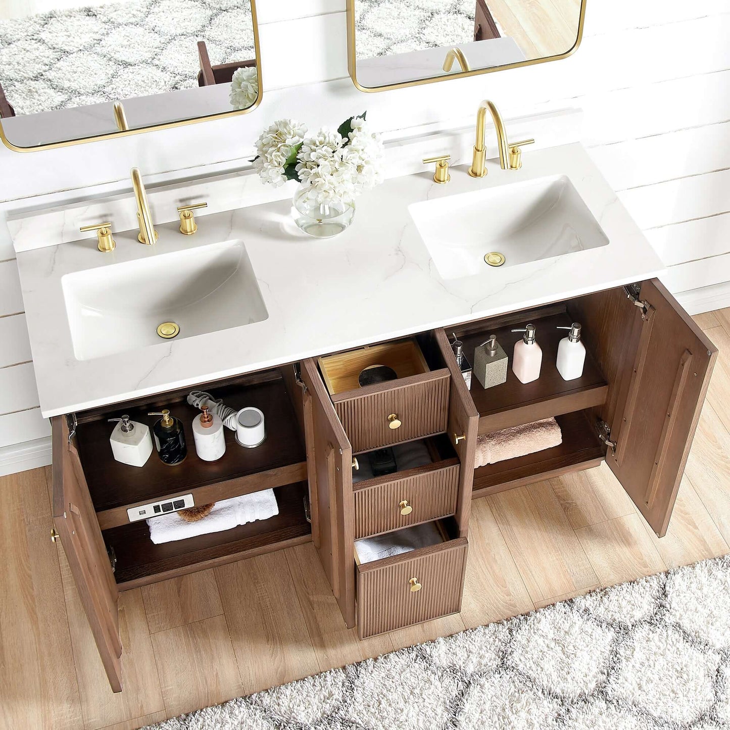 Vinnova Oza 60-inch free-standing double bathroom vanity in aged dark brown oak with Fish Maw white quartz stone top