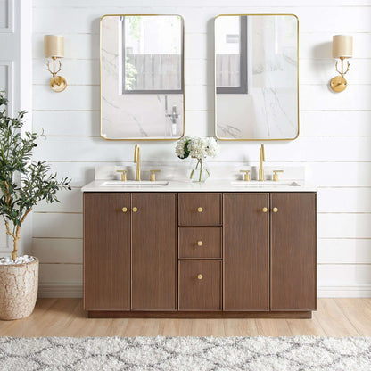 Vinnova Oza 60-inch free-standing double vanity in aged dark brown oak with white quartz stone top and mirror
