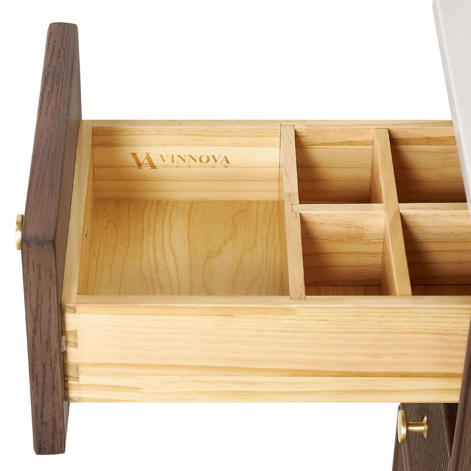 Vinnova Oza 60-inch free-standing double vanity in aged dark brown oak with white quartz stone top and mirror