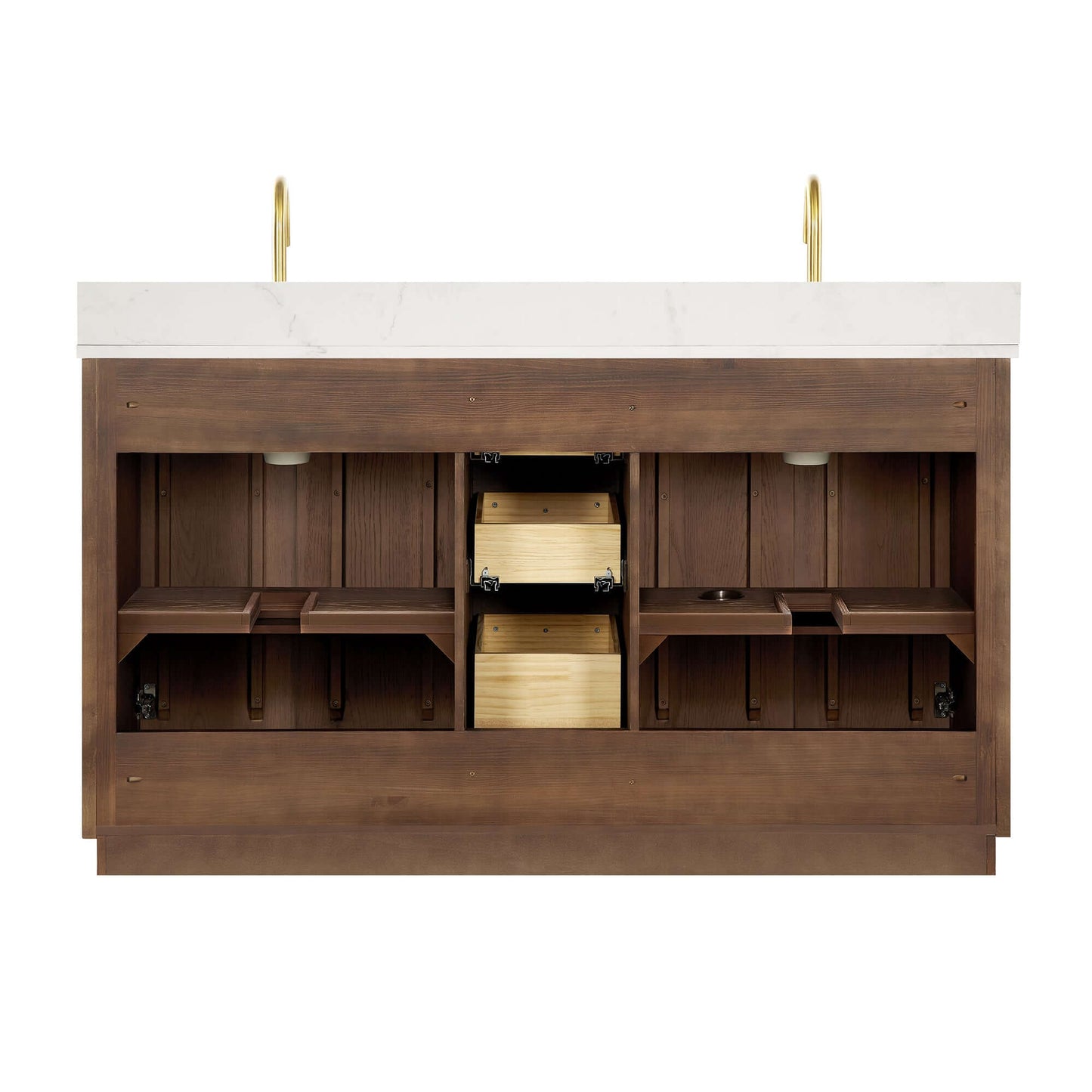 Vinnova Oza 60-inch free-standing double vanity in aged dark brown oak with white quartz stone top and mirror