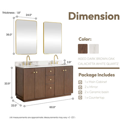 Vinnova Oza 60-inch free-standing double vanity in aged dark brown oak with white quartz stone top and mirror