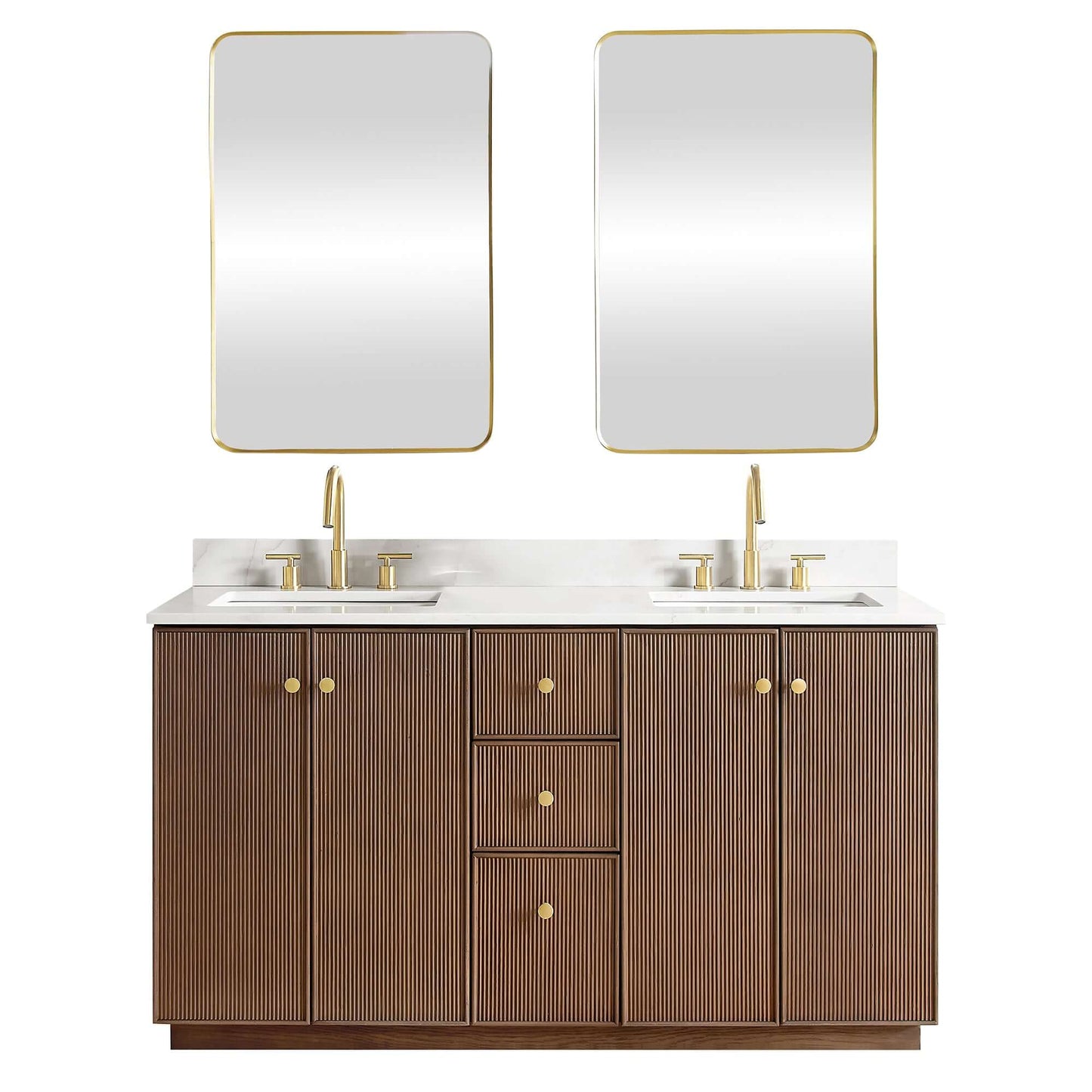 Vinnova Oza 60-inch free-standing double vanity in aged dark brown oak with white quartz stone top and mirror