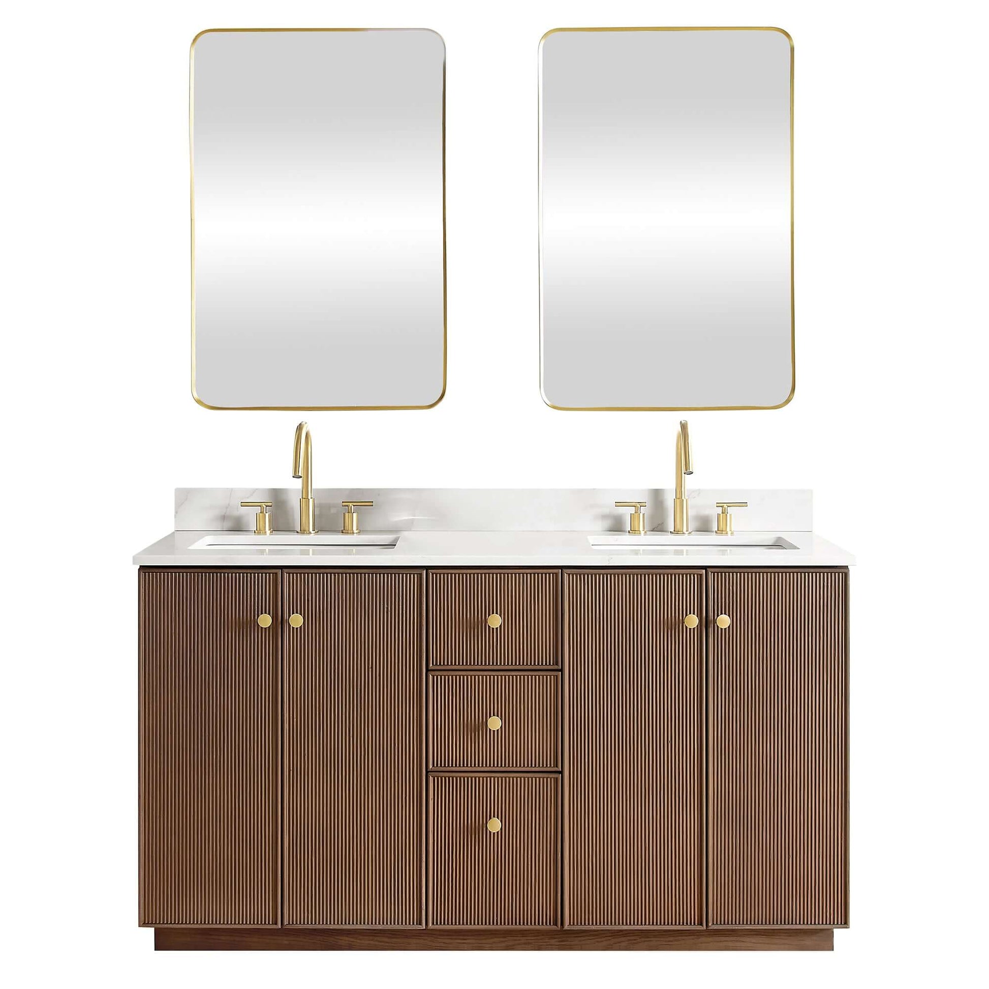 Vinnova Oza 60-inch free-standing double vanity in aged dark brown oak with white quartz stone top and mirror