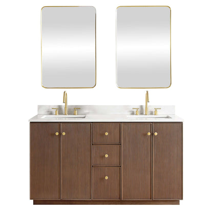 Vinnova Oza 60-inch free-standing double vanity in aged dark brown oak with white quartz stone top and mirror