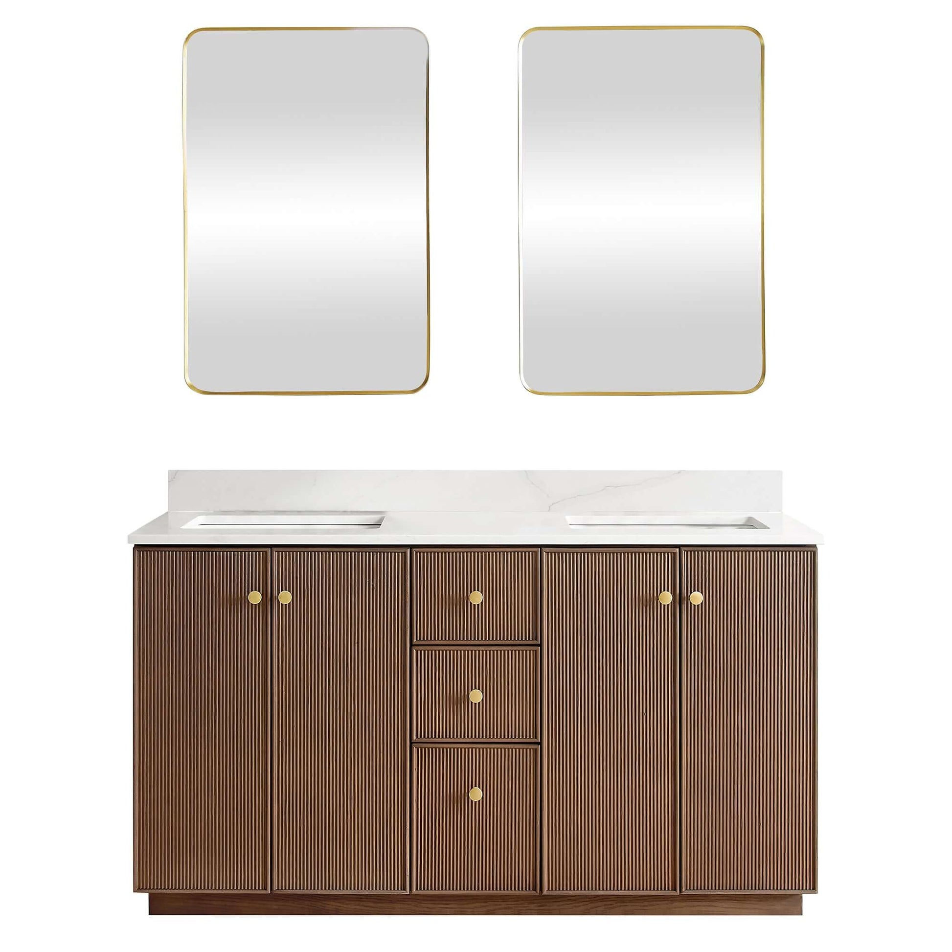 Vinnova Oza 60-inch free-standing double vanity in aged dark brown oak with white quartz stone top and mirror