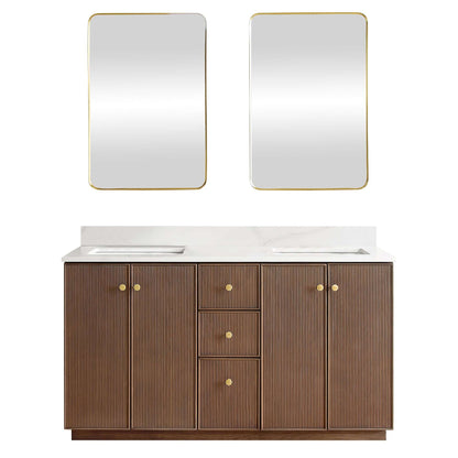 Vinnova Oza 60-inch free-standing double vanity in aged dark brown oak with white quartz stone top and mirror