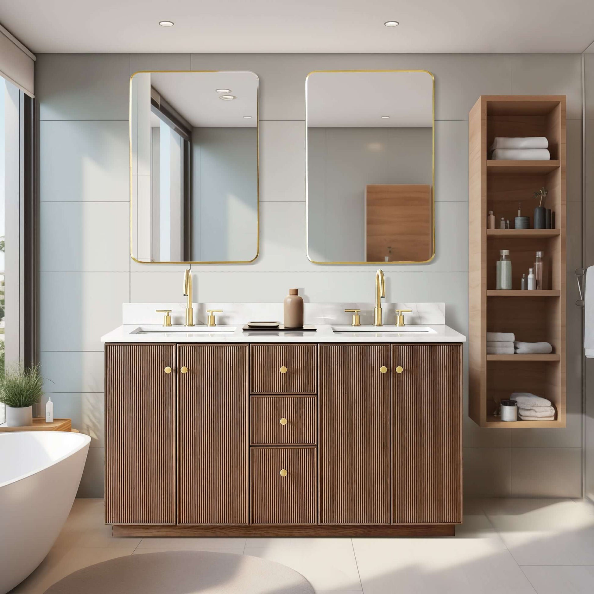 Vinnova Oza 60-inch free-standing double vanity in aged dark brown oak with white quartz stone top and mirror