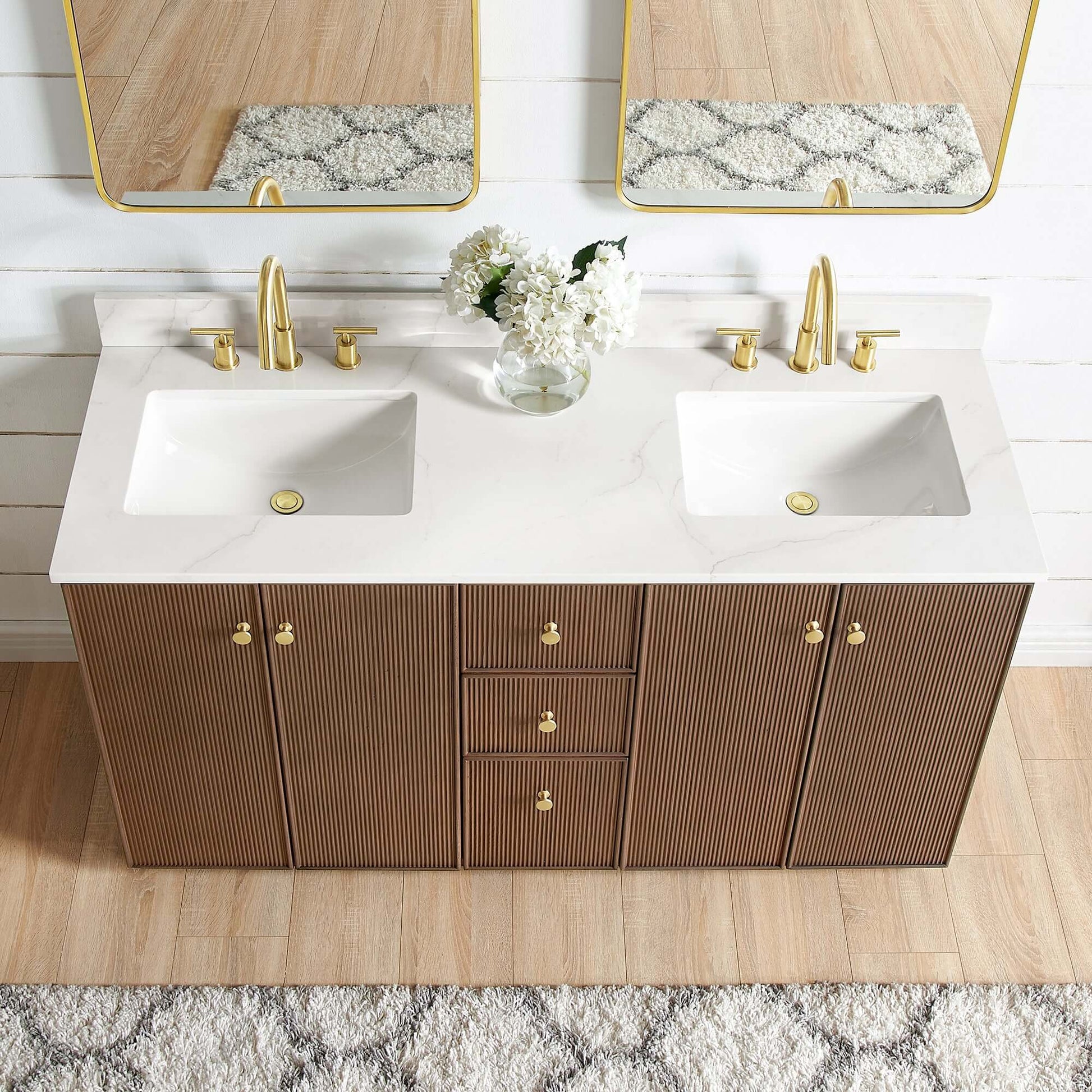 Vinnova Oza 60-inch free-standing double vanity in aged dark brown oak with white quartz stone top and mirror