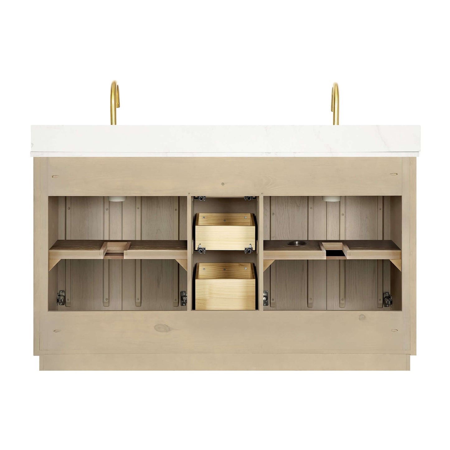 Vinnova Oza 60-inch free-standing double bathroom vanity in aged natural oak with Fish Maw white quartz stone top
