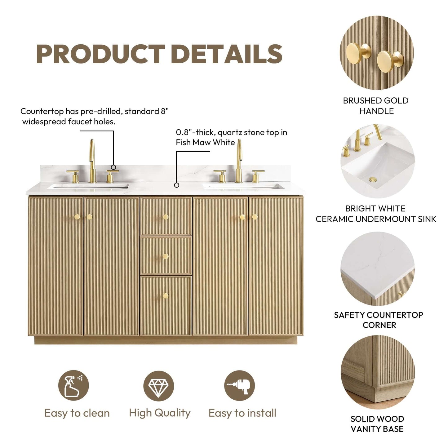 Vinnova Oza 60-inch free-standing double bathroom vanity in aged natural oak with Fish Maw white quartz stone top