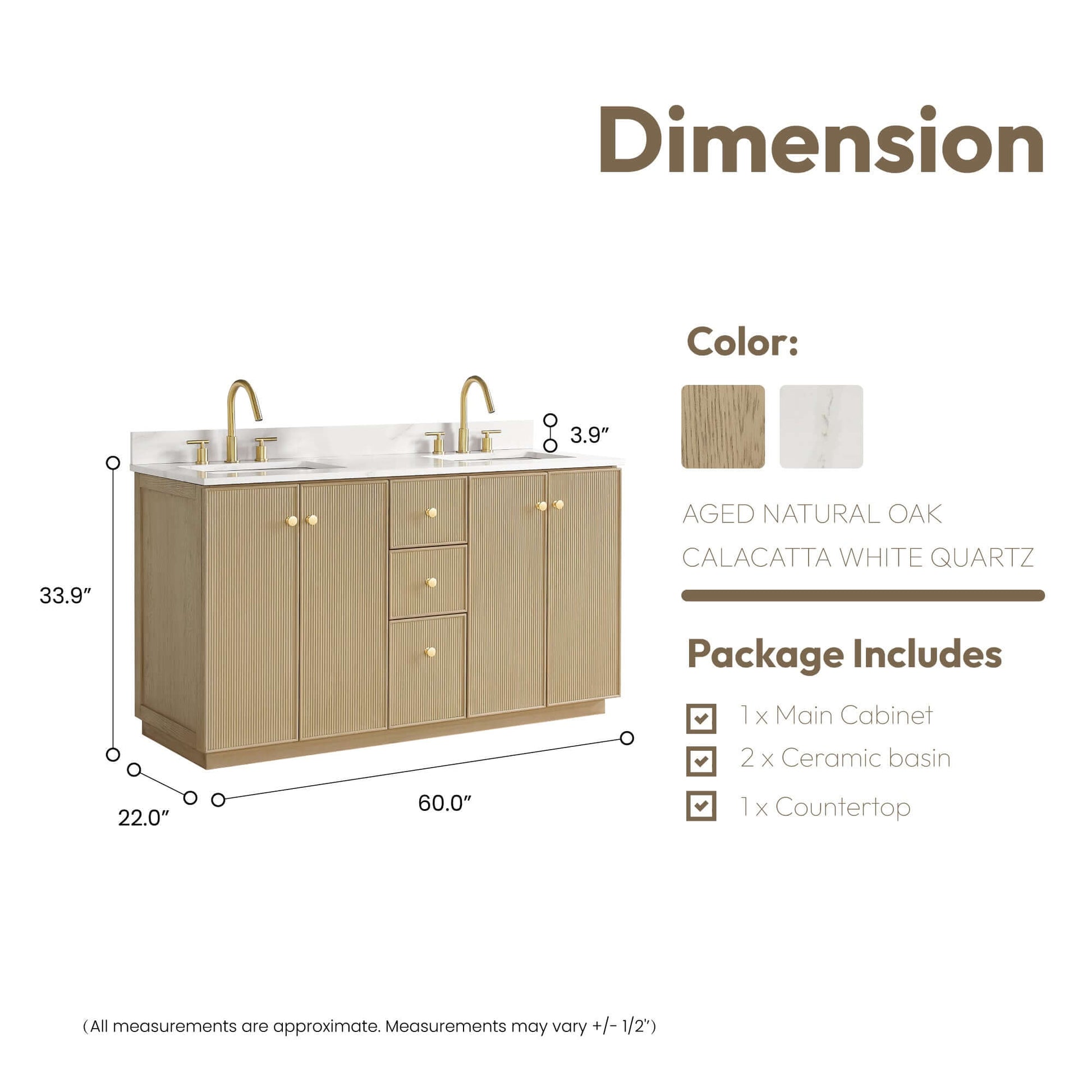 Vinnova Oza 60-inch free-standing double bathroom vanity in aged natural oak with Fish Maw white quartz stone top