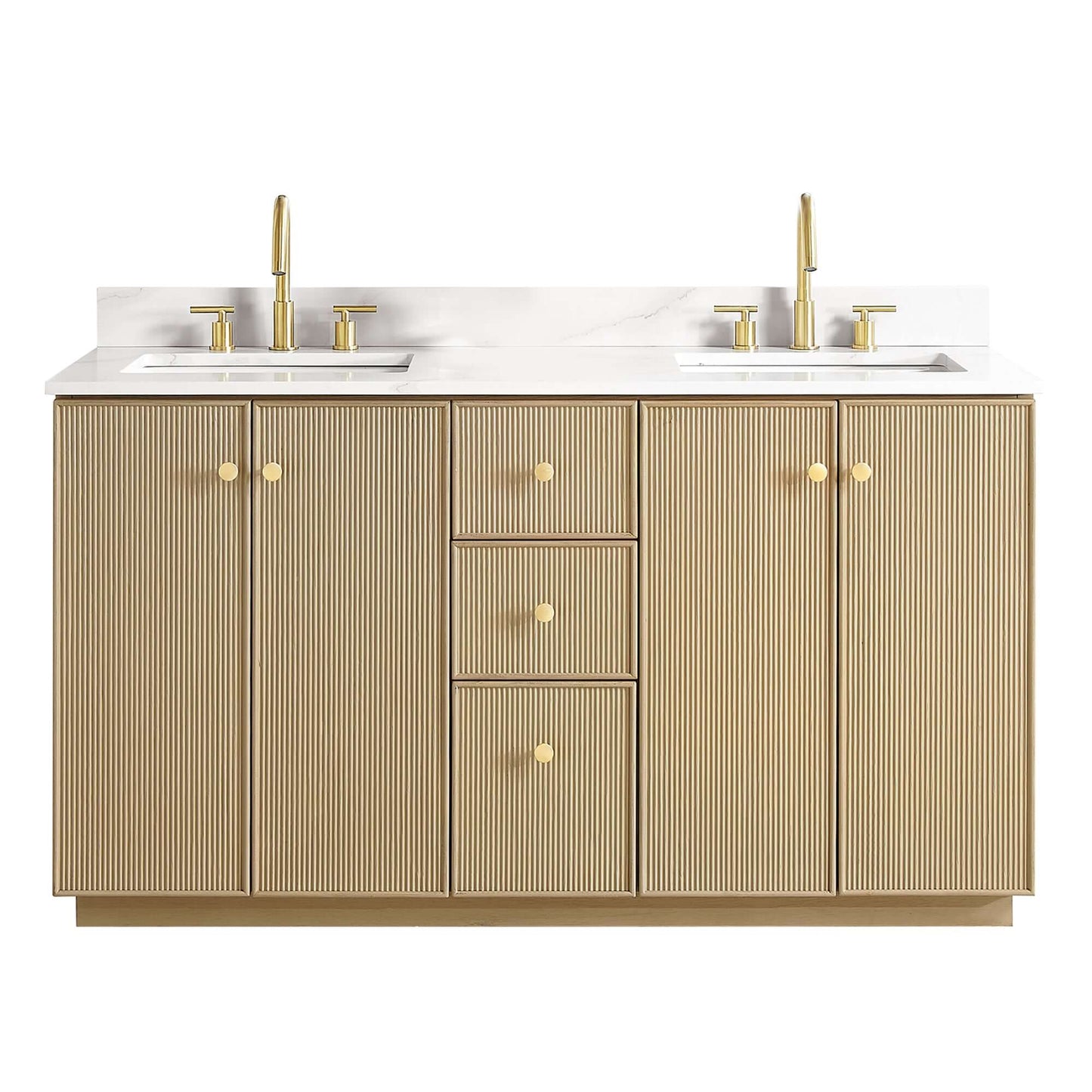 Vinnova Oza 60-inch free-standing double bathroom vanity in aged natural oak with Fish Maw white quartz stone top