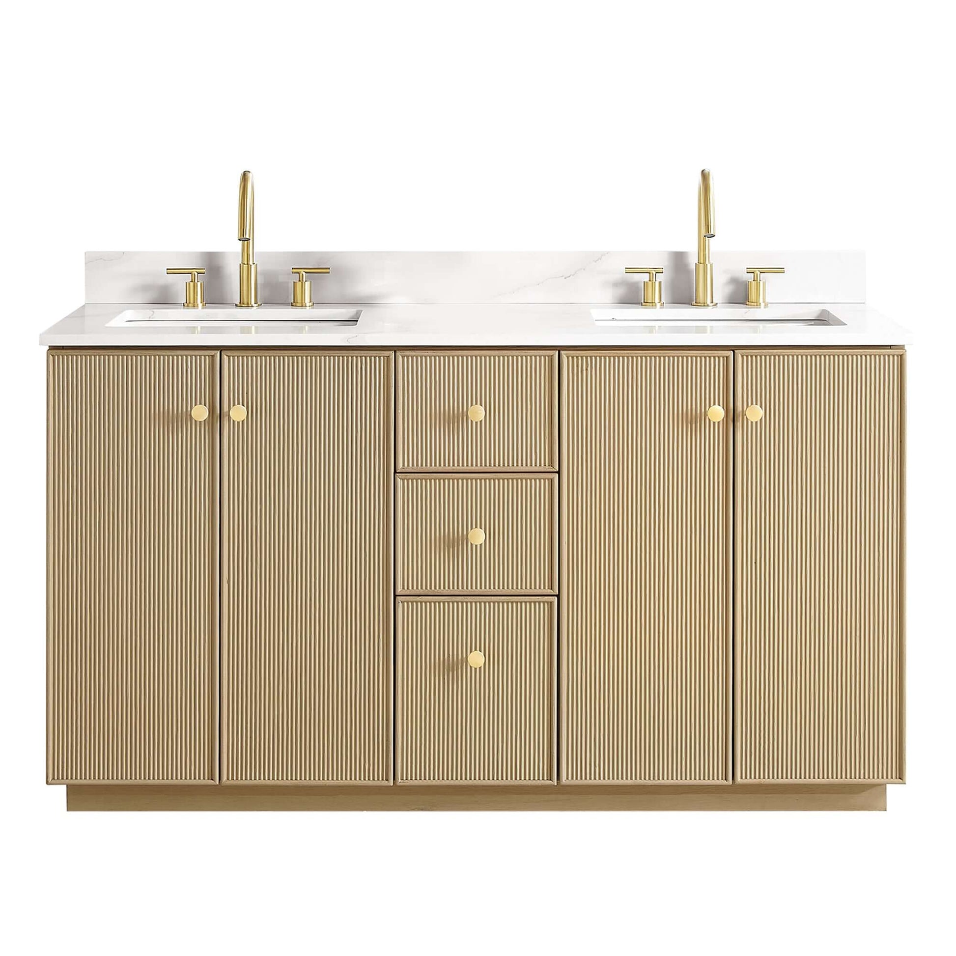 Vinnova Oza 60-inch free-standing double bathroom vanity in aged natural oak with Fish Maw white quartz stone top