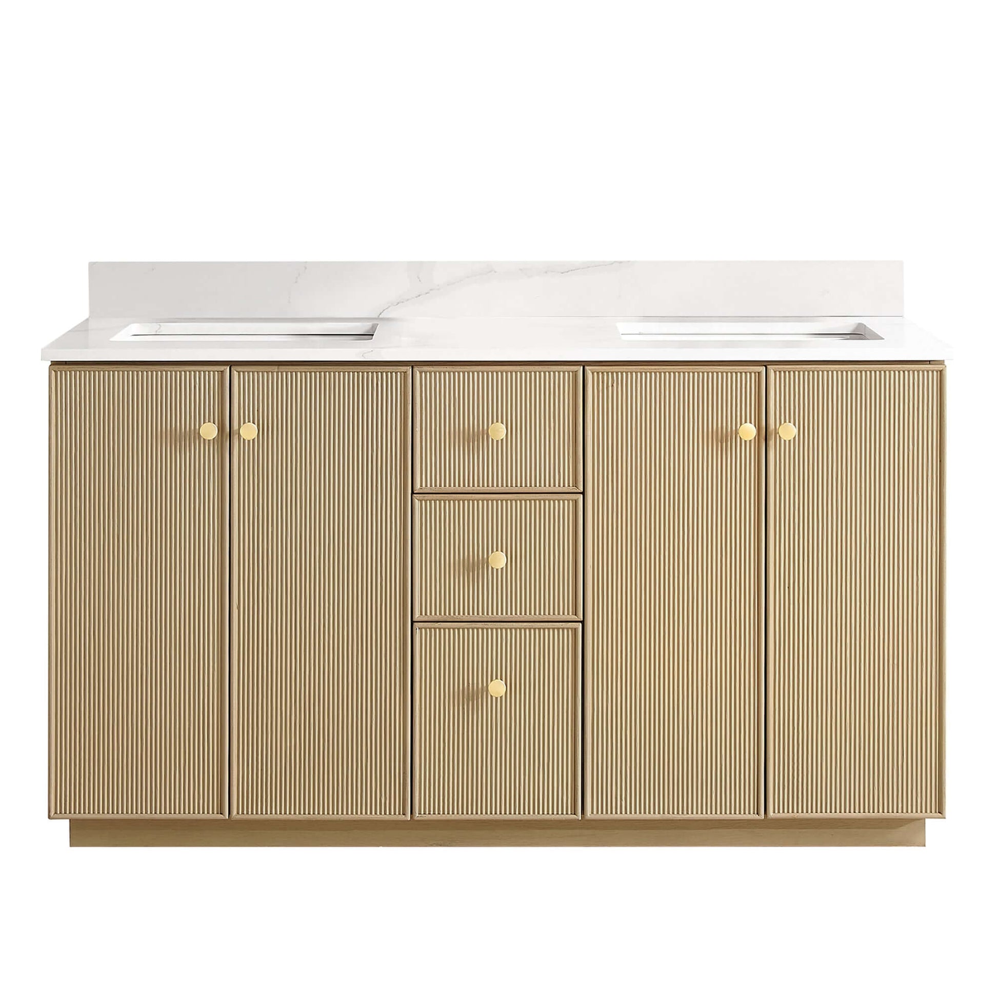 Vinnova Oza 60-inch free-standing double bathroom vanity in aged natural oak with Fish Maw white quartz stone top
