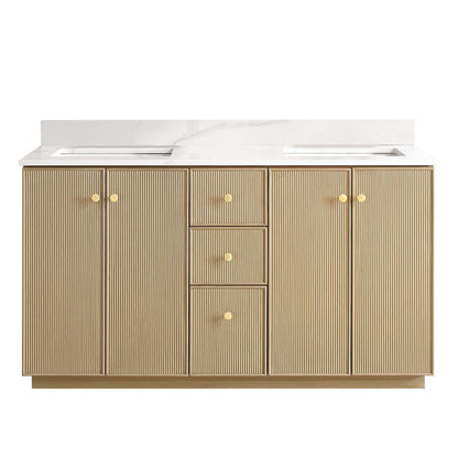 Vinnova Oza 60-inch free-standing double bathroom vanity in aged natural oak with Fish Maw white quartz stone top