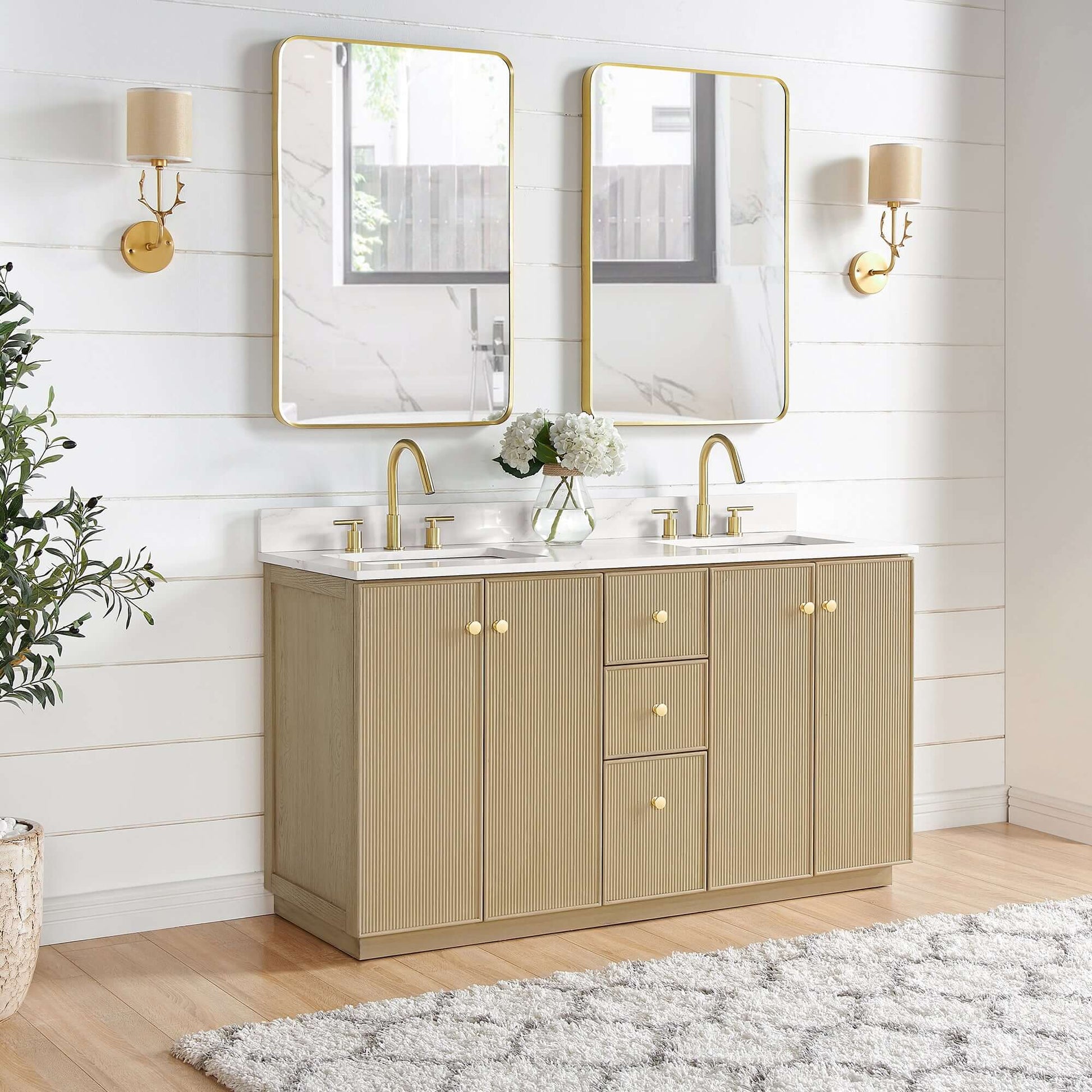 Vinnova Oza 60-inch free-standing double bathroom vanity in aged natural oak with Fish Maw white quartz stone top