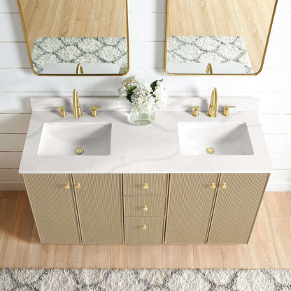 Vinnova Oza 60-inch free-standing double bathroom vanity in aged natural oak with Fish Maw white quartz stone top