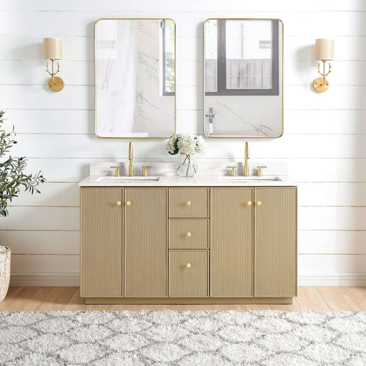 Vinnova Oza 60-inch free-standing double bathroom vanity in aged natural oak with Fish Maw white quartz stone top and mirror
