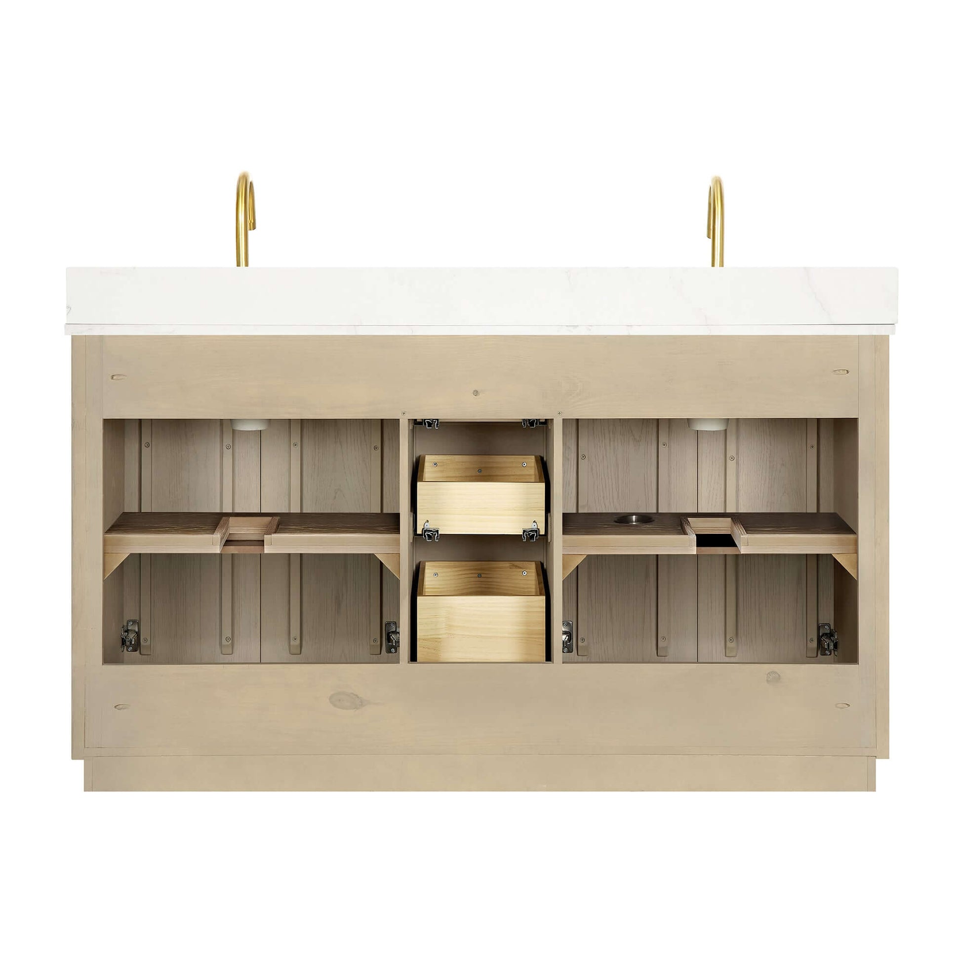 Vinnova Oza 60-inch free-standing double bathroom vanity in aged natural oak with Fish Maw white quartz stone top and mirror