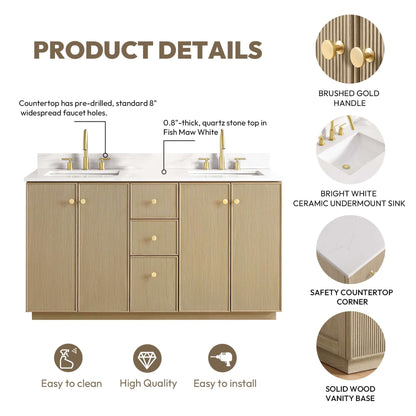 Vinnova Oza 60-inch free-standing double bathroom vanity in aged natural oak with Fish Maw white quartz stone top and mirror