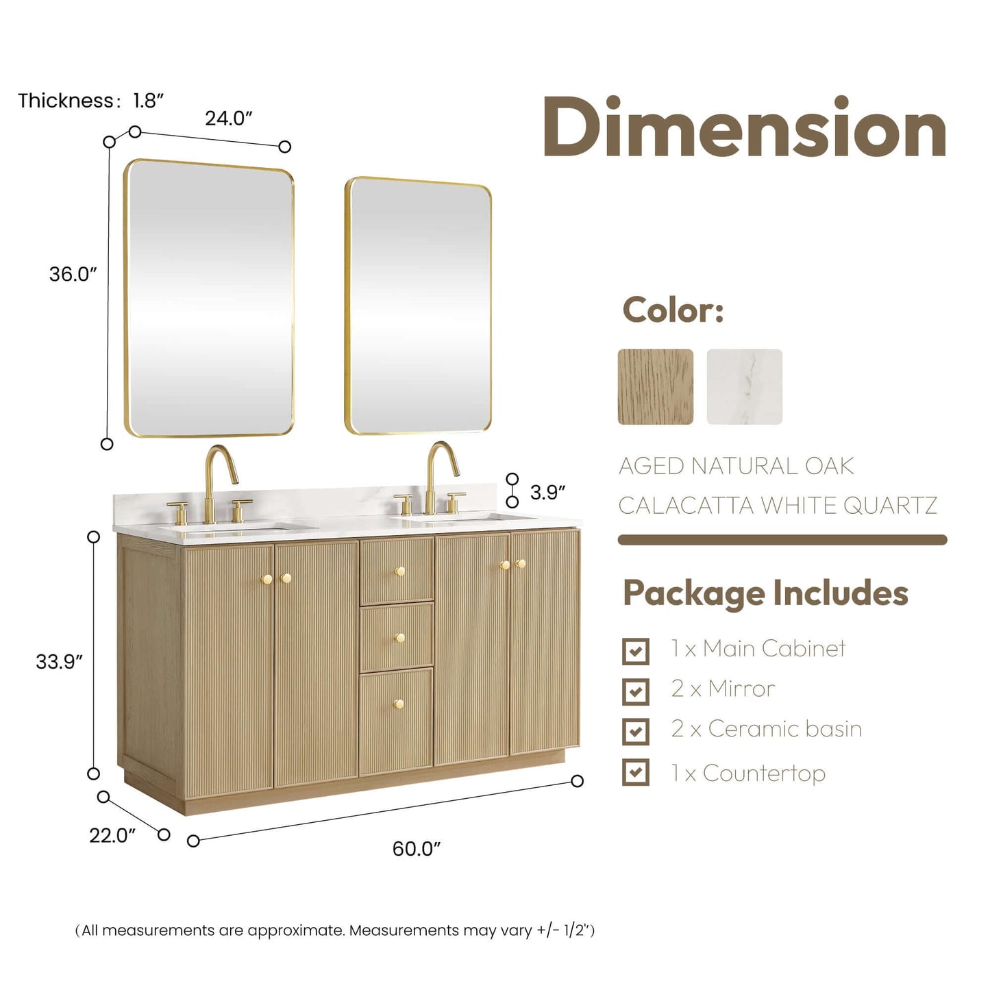 Vinnova Oza 60-inch free-standing double bathroom vanity in aged natural oak with Fish Maw white quartz stone top and mirror