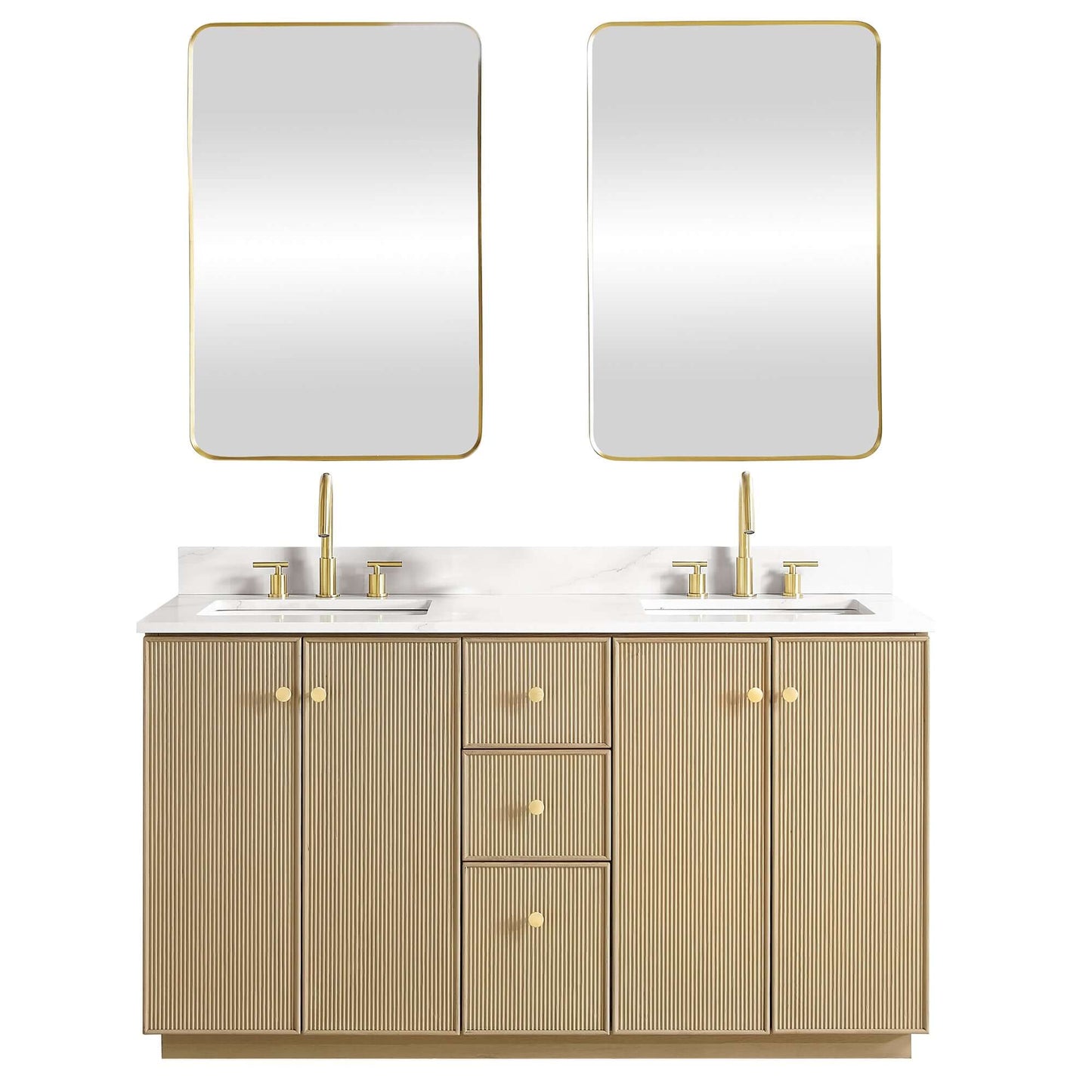 Vinnova Oza 60-inch free-standing double bathroom vanity in aged natural oak with Fish Maw white quartz stone top and mirror