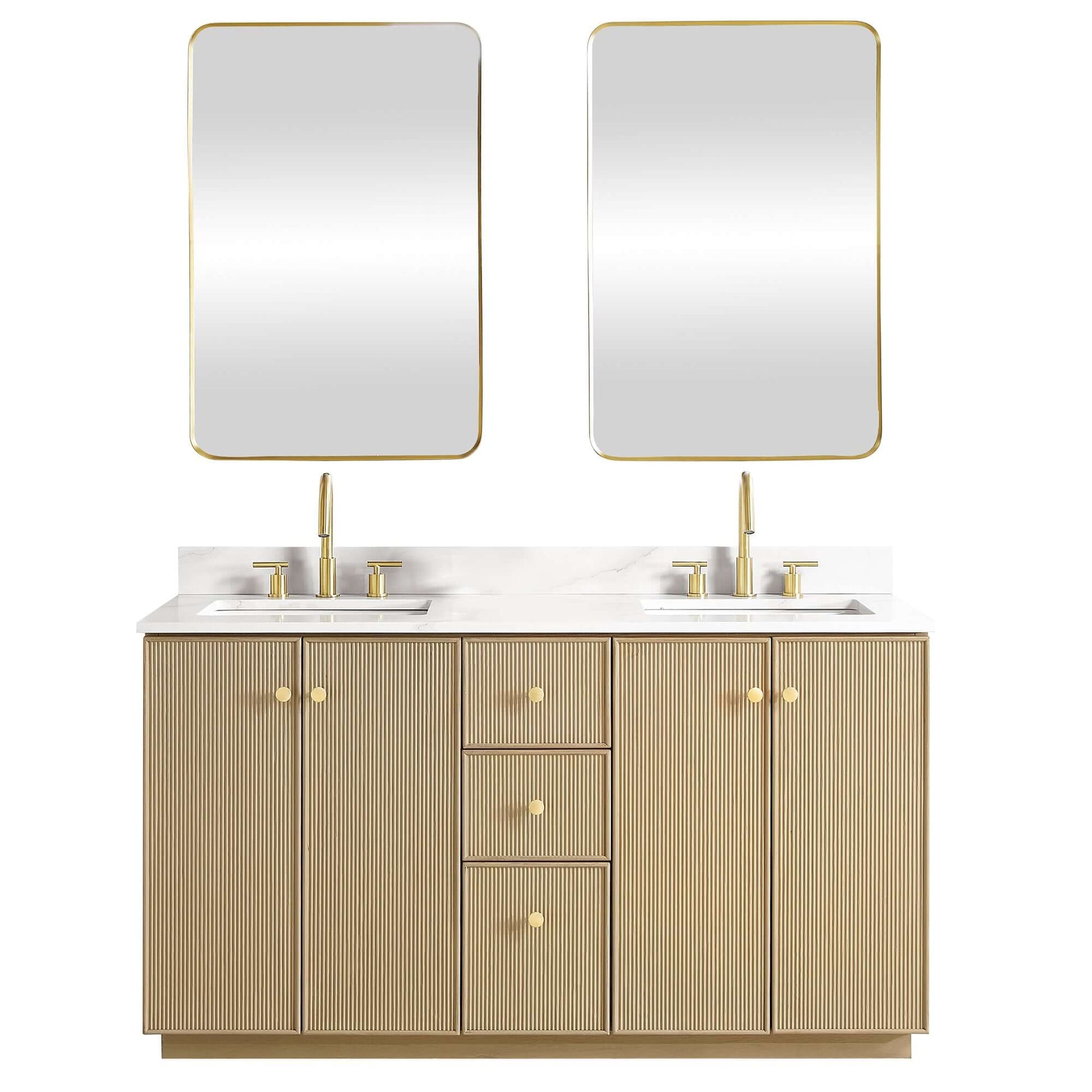 Vinnova Oza 60-inch free-standing double bathroom vanity in aged natural oak with Fish Maw white quartz stone top and mirror