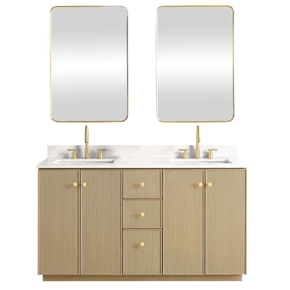 Vinnova Oza 60-inch free-standing double bathroom vanity in aged natural oak with Fish Maw white quartz stone top and mirror