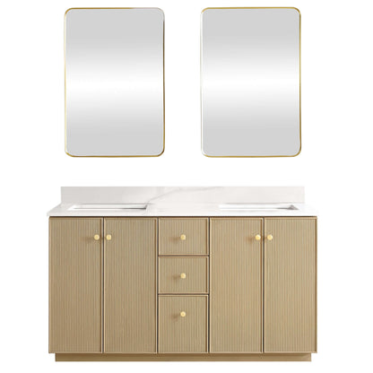 Vinnova Oza 60-inch free-standing double bathroom vanity in aged natural oak with Fish Maw white quartz stone top and mirror