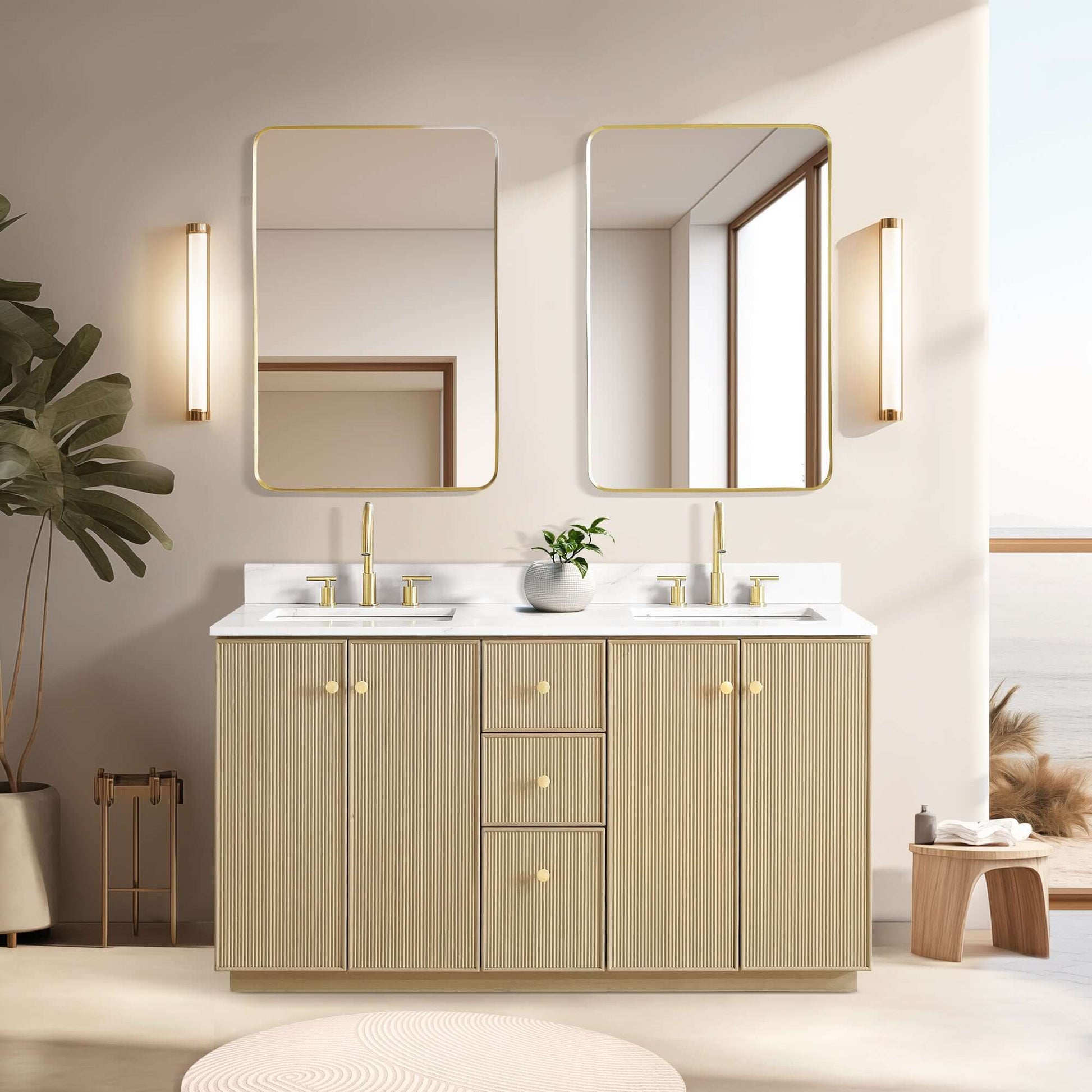 Vinnova Oza 60-inch free-standing double bathroom vanity in aged natural oak with Fish Maw white quartz stone top and mirror