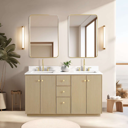 Vinnova Oza 60-inch free-standing double bathroom vanity in aged natural oak with Fish Maw white quartz stone top and mirror