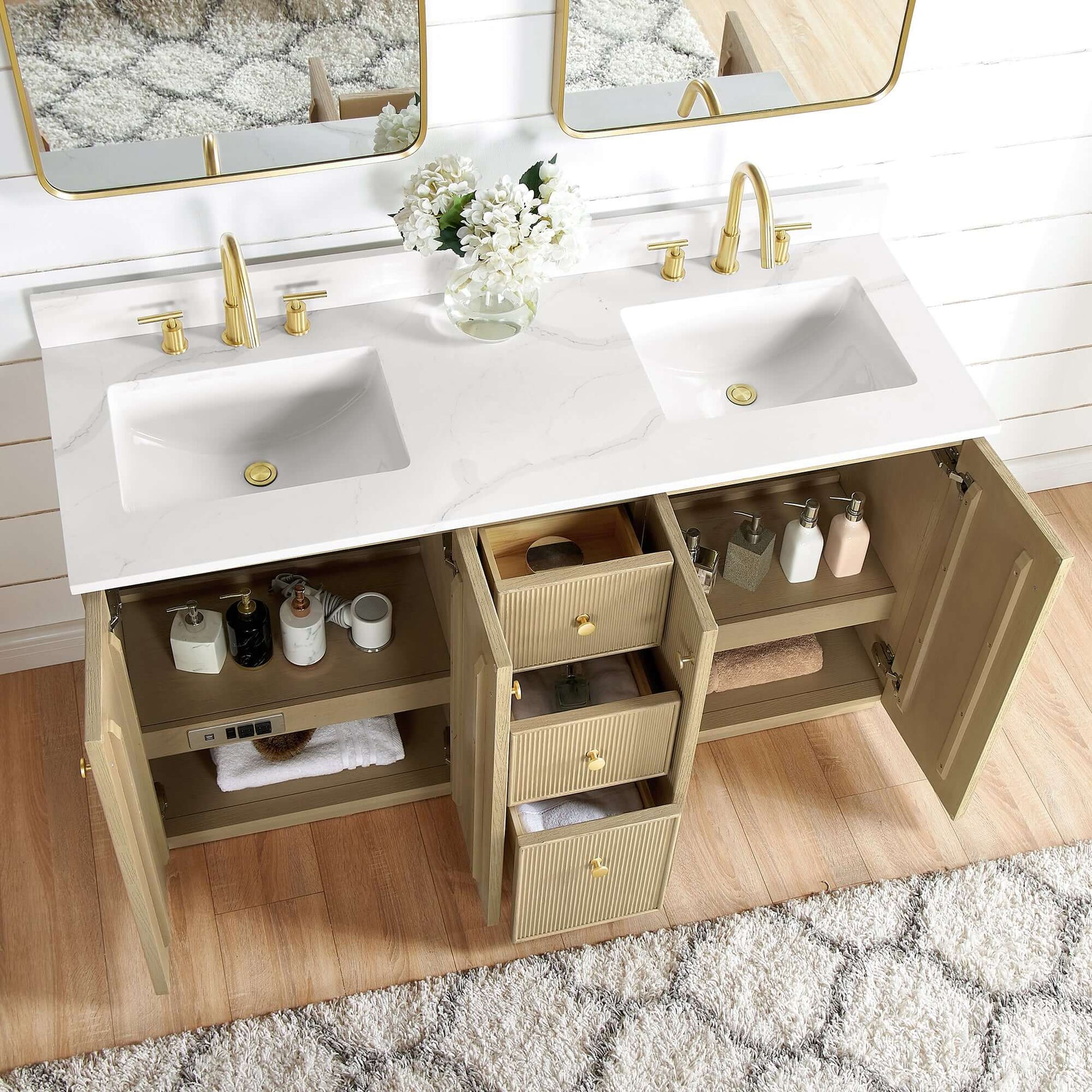Vinnova Oza 60-inch free-standing double bathroom vanity in aged natural oak with Fish Maw white quartz stone top and mirror