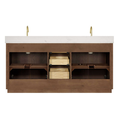 Vinnova Oza 72-inch free-standing double bathroom vanity in aged dark brown oak with Fish Maw white quartz stone top