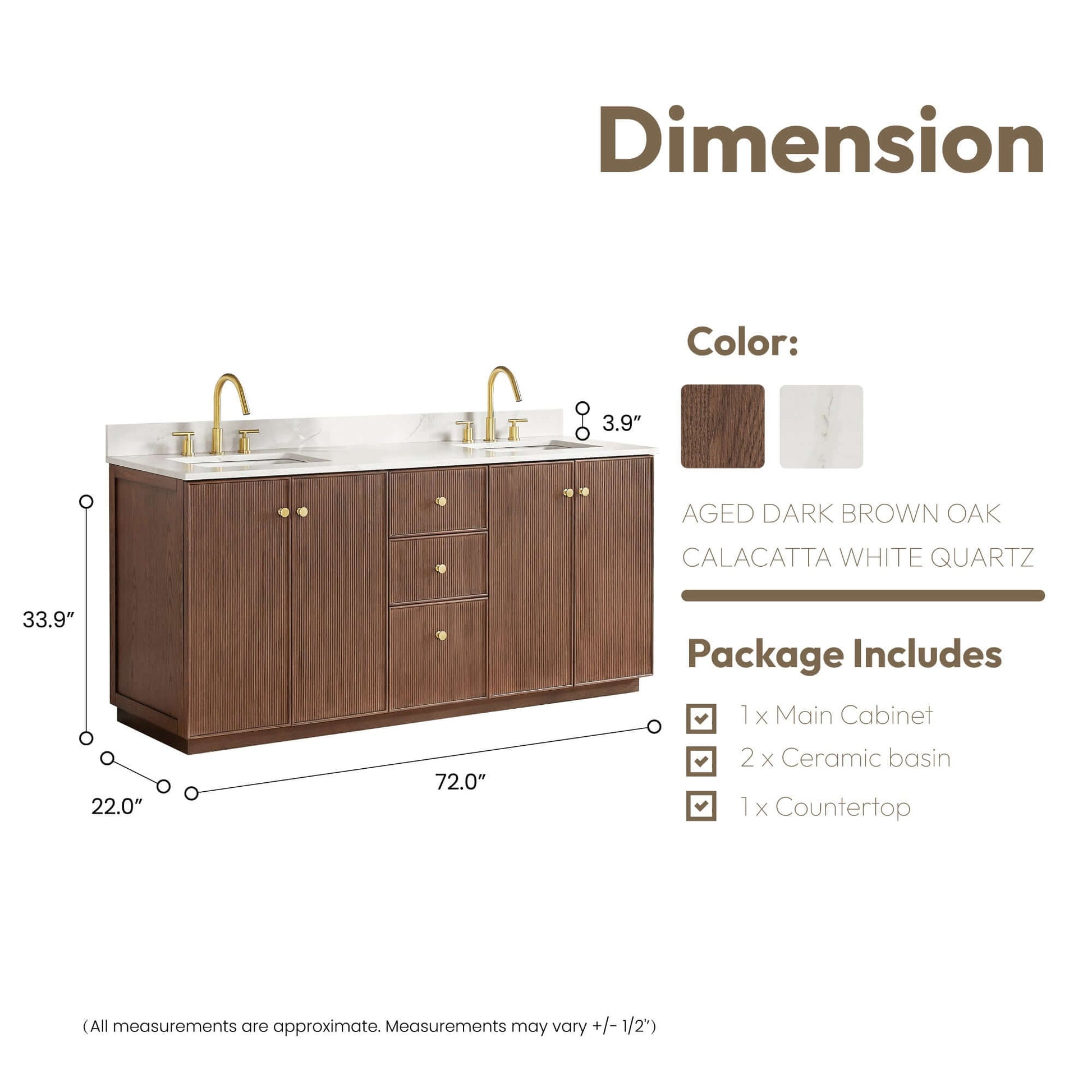 Vinnova Oza 72-inch free-standing double bathroom vanity in aged dark brown oak with Fish Maw white quartz stone top