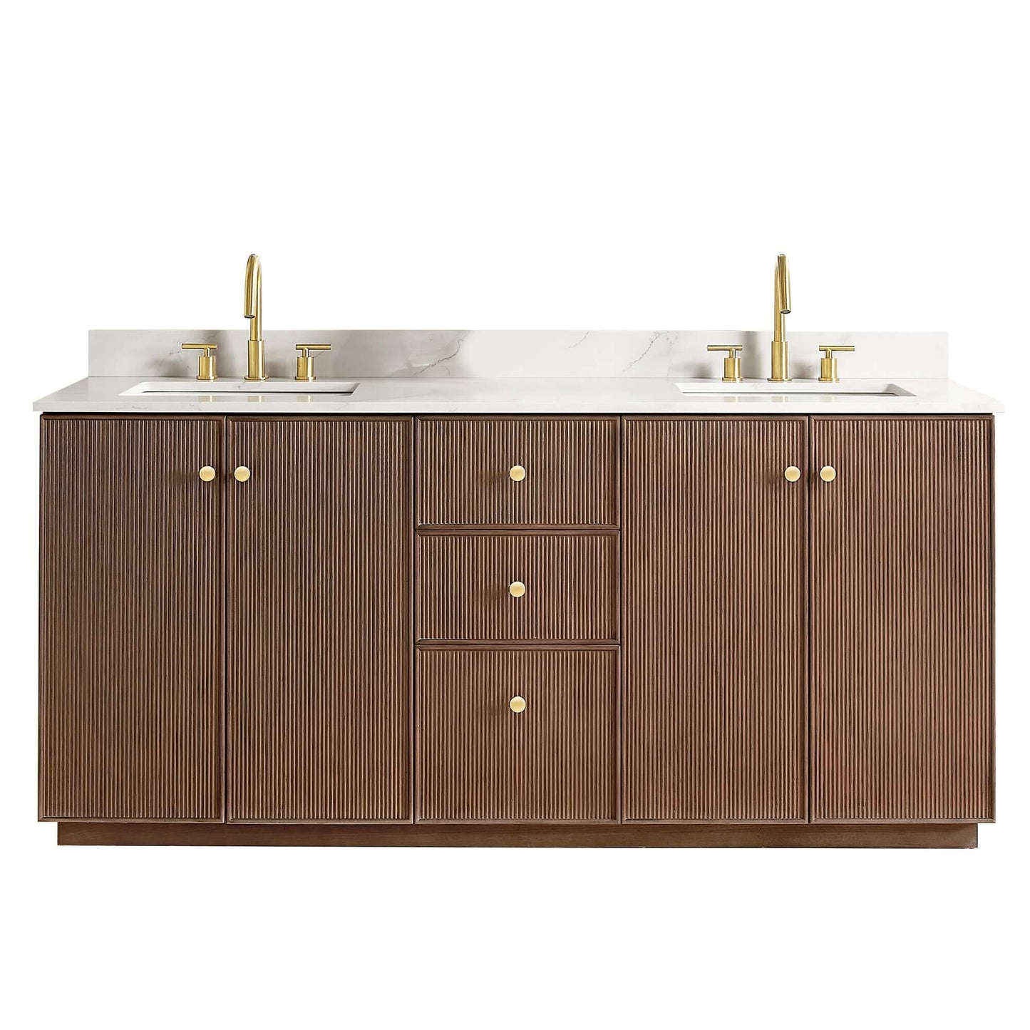 Vinnova Oza 72-inch free-standing double bathroom vanity in aged dark brown oak with Fish Maw white quartz stone top