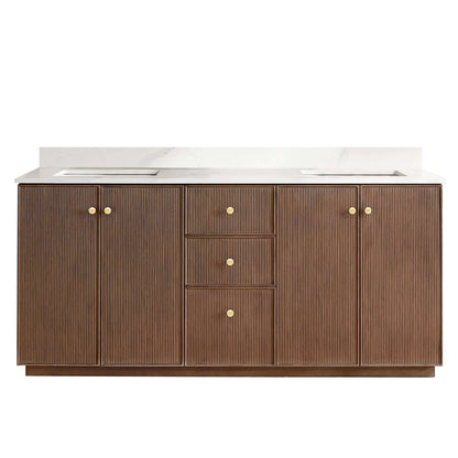 Vinnova Oza 72-inch free-standing double bathroom vanity in aged dark brown oak with Fish Maw white quartz stone top