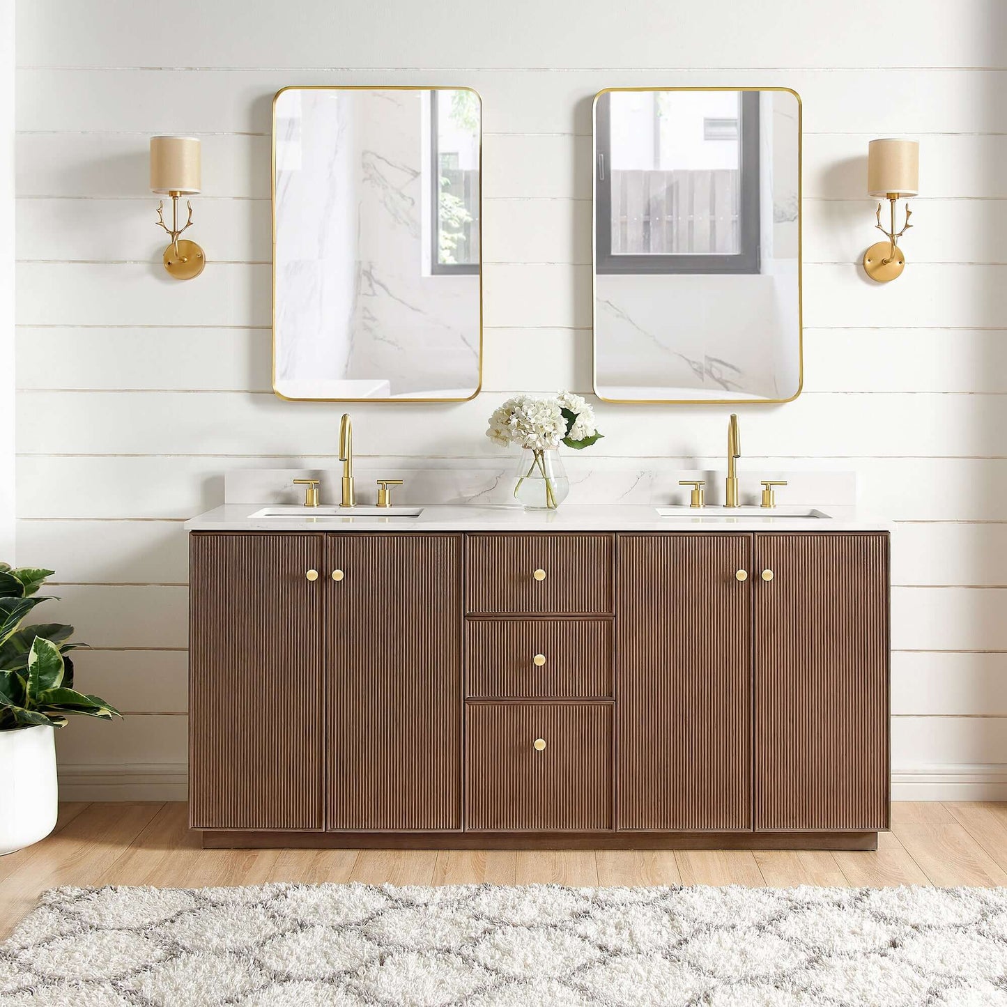 Vinnova Oza 72-inch free-standing double bathroom vanity in aged dark brown oak with Fish Maw white quartz stone top and mirror