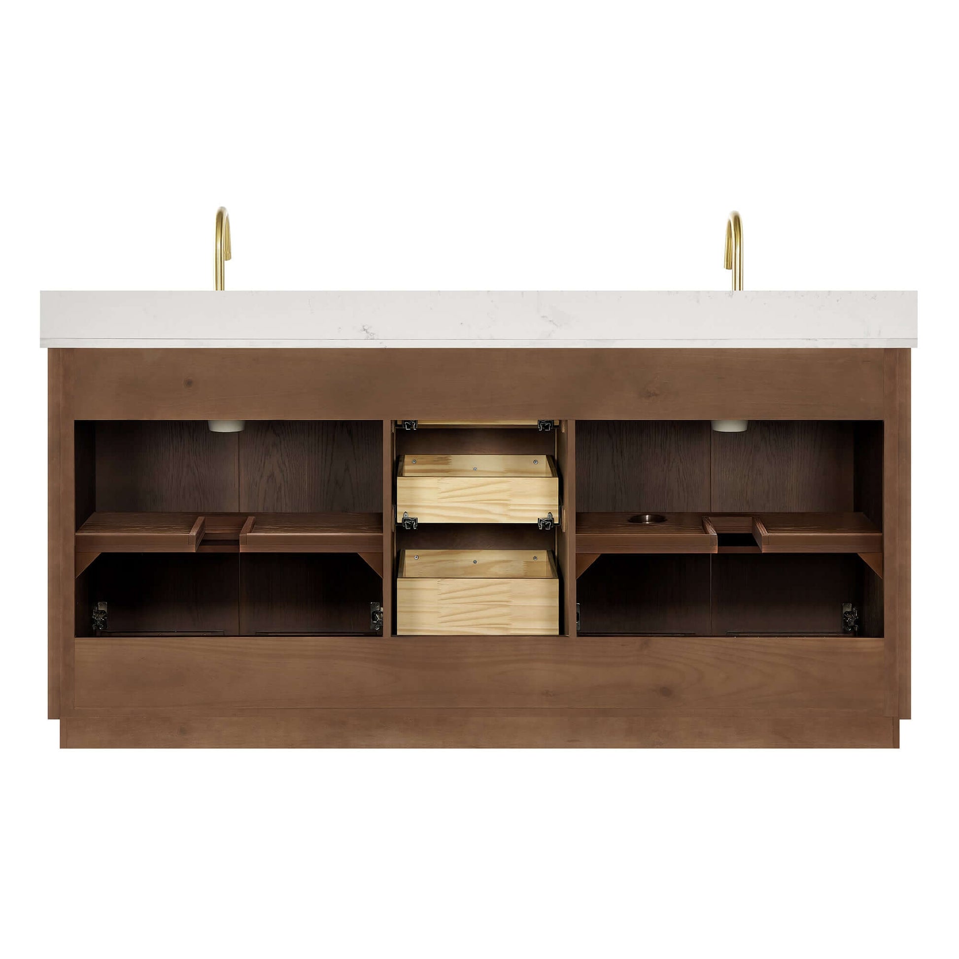 Vinnova Oza 72-inch free-standing double bathroom vanity in aged dark brown oak with Fish Maw white quartz stone top and mirror