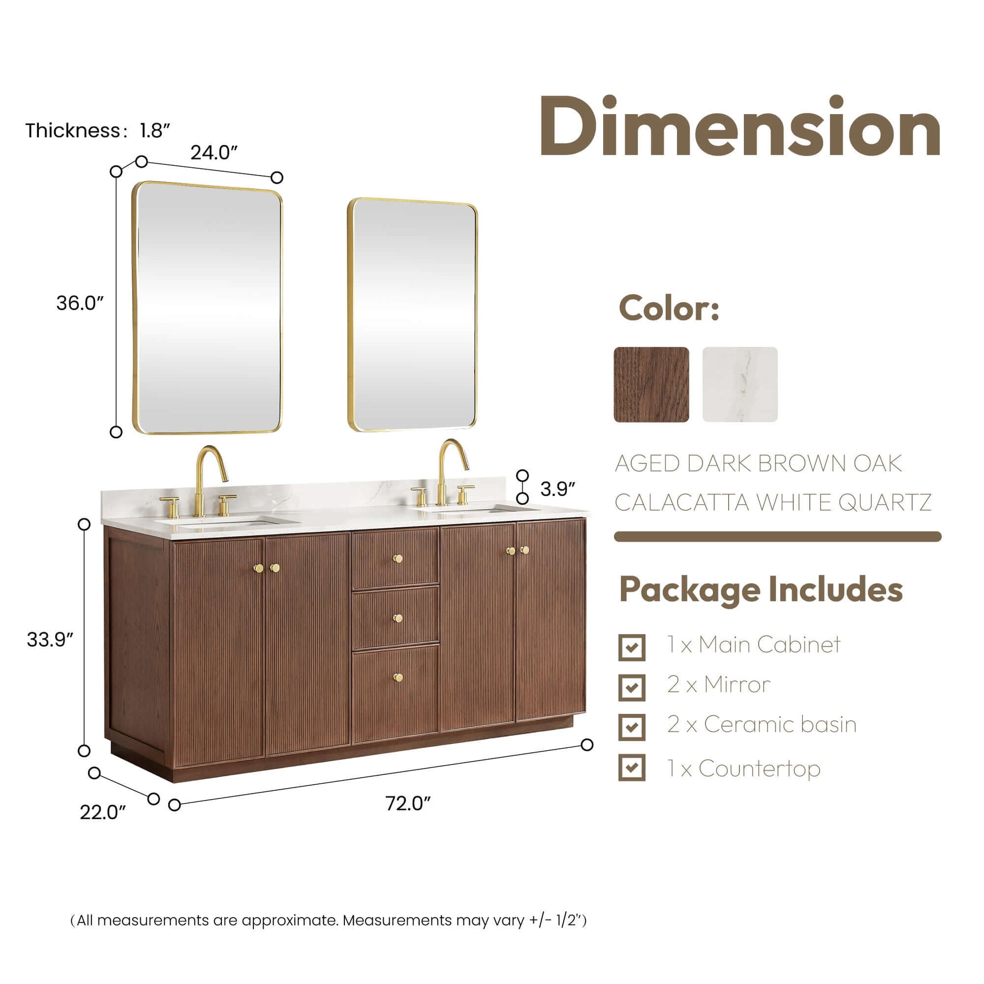 Vinnova Oza 72-inch free-standing double bathroom vanity in aged dark brown oak with Fish Maw white quartz stone top and mirror