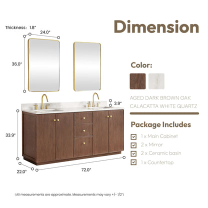 Vinnova Oza 72-inch free-standing double bathroom vanity in aged dark brown oak with Fish Maw white quartz stone top and mirror