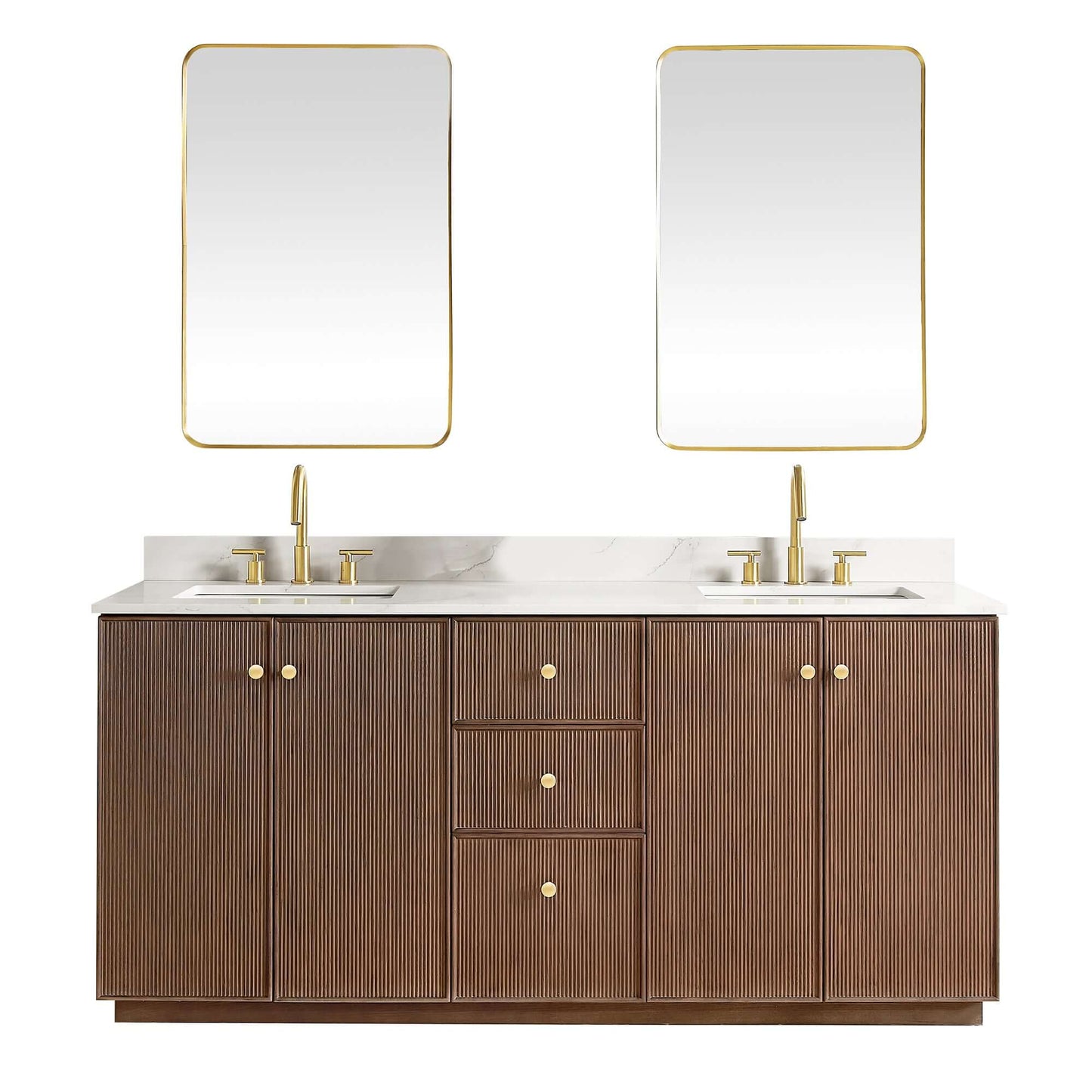 Vinnova Oza 72-inch free-standing double bathroom vanity in aged dark brown oak with Fish Maw white quartz stone top and mirror