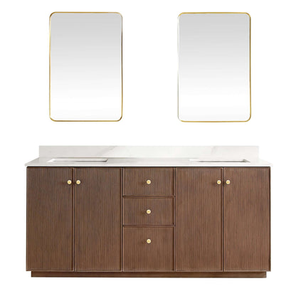 Vinnova Oza 72-inch free-standing double bathroom vanity in aged dark brown oak with Fish Maw white quartz stone top and mirror