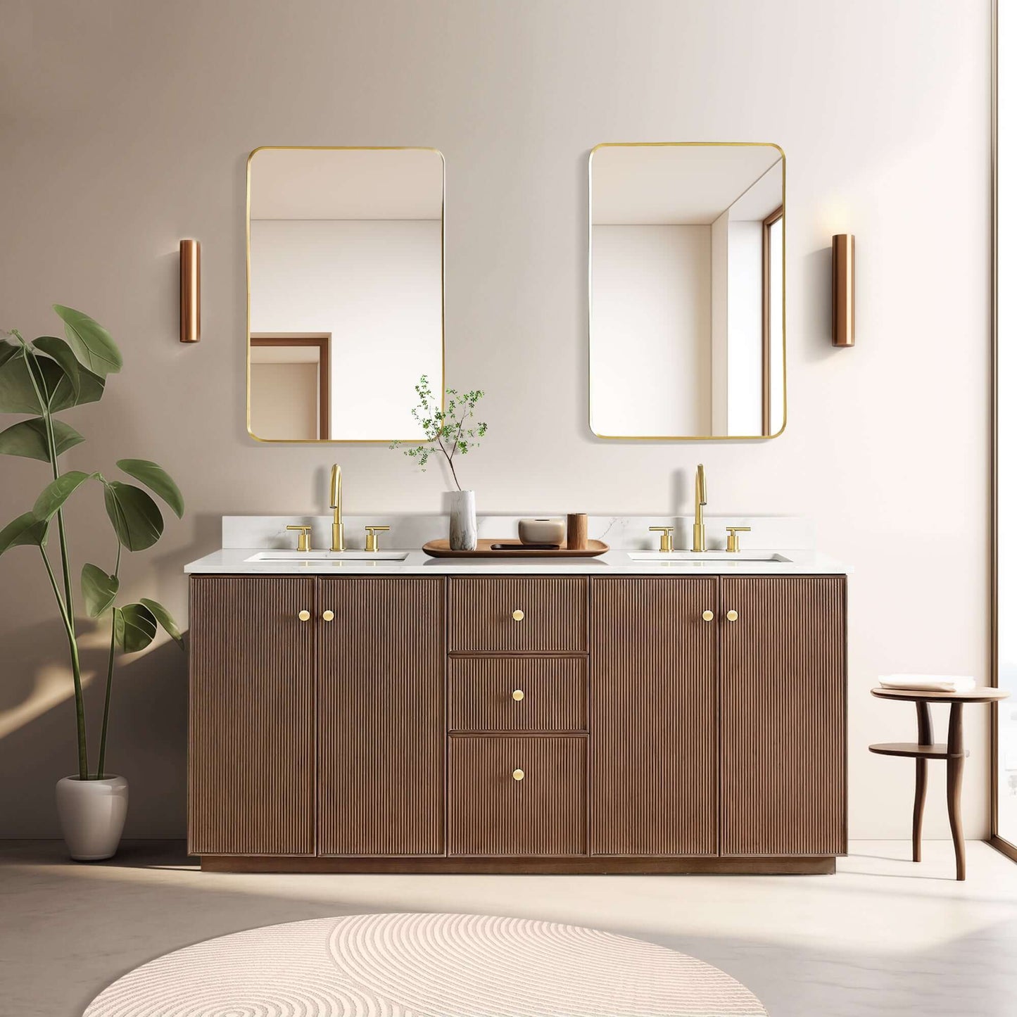 Vinnova Oza 72-inch free-standing double bathroom vanity in aged dark brown oak with Fish Maw white quartz stone top and mirror