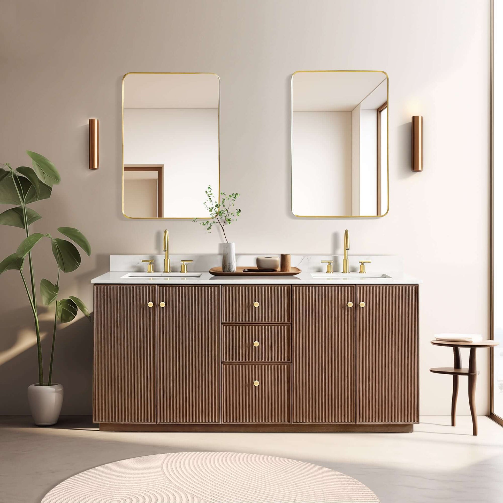 Vinnova Oza 72-inch free-standing double bathroom vanity in aged dark brown oak with Fish Maw white quartz stone top and mirror