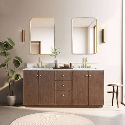 Vinnova Oza 72-inch free-standing double bathroom vanity in aged dark brown oak with Fish Maw white quartz stone top and mirror