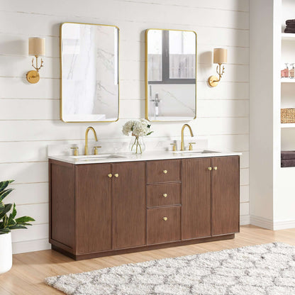 Vinnova Oza 72-inch free-standing double bathroom vanity in aged dark brown oak with Fish Maw white quartz stone top and mirror