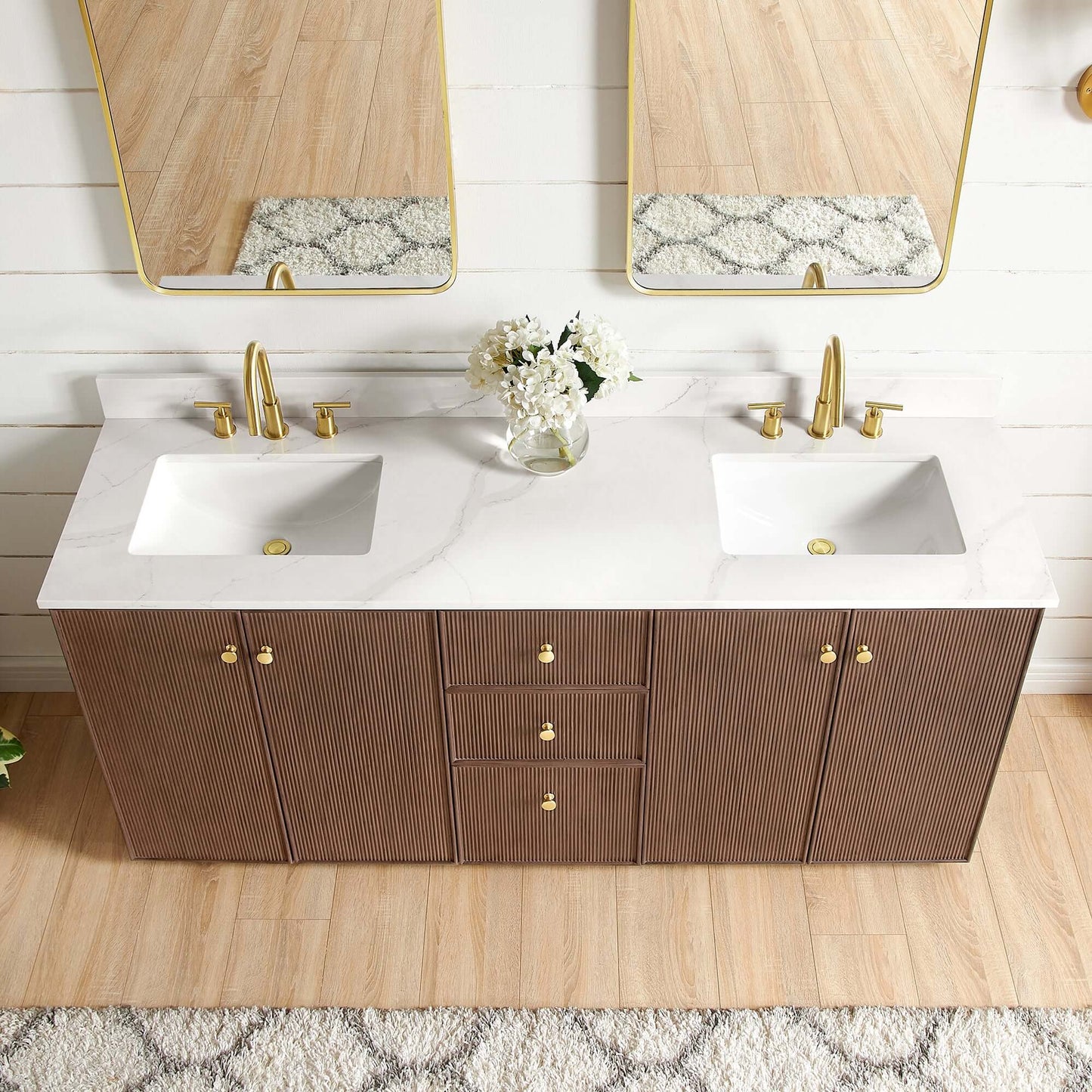 Vinnova Oza 72-inch free-standing double bathroom vanity in aged dark brown oak with Fish Maw white quartz stone top and mirror