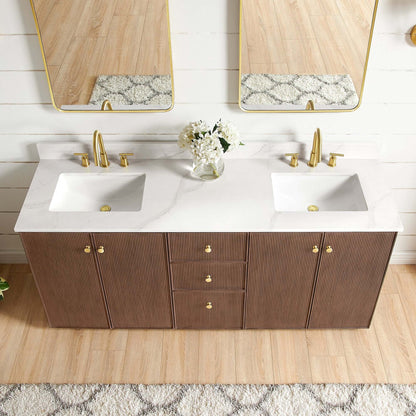 Vinnova Oza 72-inch free-standing double bathroom vanity in aged dark brown oak with Fish Maw white quartz stone top and mirror